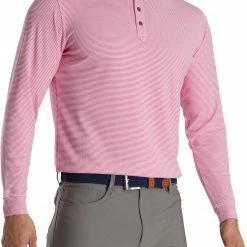 Wholesale 🥰 FootJoy Men's Feeder Stripe Jersey Buttondown Collar Golf Polo For Men Hot Pink/white 👏