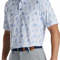 Coupon 👏 FootJoy Men's Vintage Floral Print Lisle Self Collar Golf Polo For Men Sky 🔥